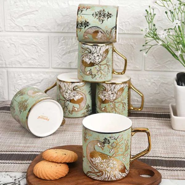 Peacock Motif with Leaves Pattern Fine Bone China Golden Tea Cups | 180ML | Set of 6 Online Sale