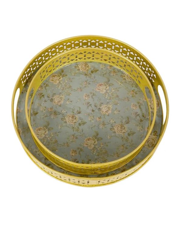 Green Pink Flower Metal Trays| Gold | Set of 2 | 8 inches, 10 inches Hot on Sale