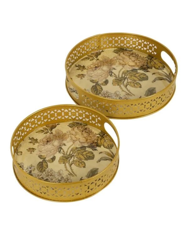 Flower Design Metal Trays | Gold  | Set of 2 | 8 inches, 10 inches For Cheap