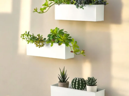 White Rectangular Metal Wall Hanging Plant Pot | Pack of 3 | 18 x 4 x 4 inches Online now