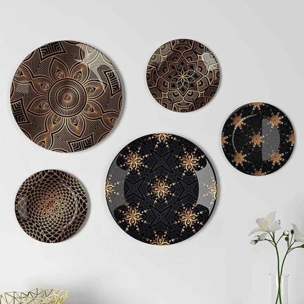 Black Golden Floral Design Ceramic Decorative Wall Plates | Set of 5 Supply